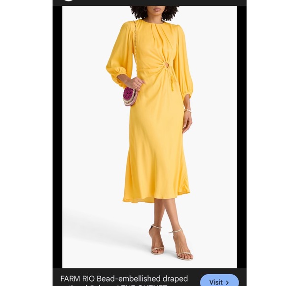 Farm Rio Yellow Bead Embellished Draped Satin Midi Dress XS Cutout Boho New Flaw - Picture 10 of 10